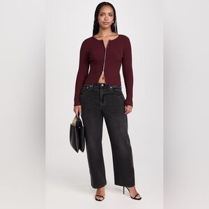 Good American Virgo Rib Zip Front Sweater In OXBlood